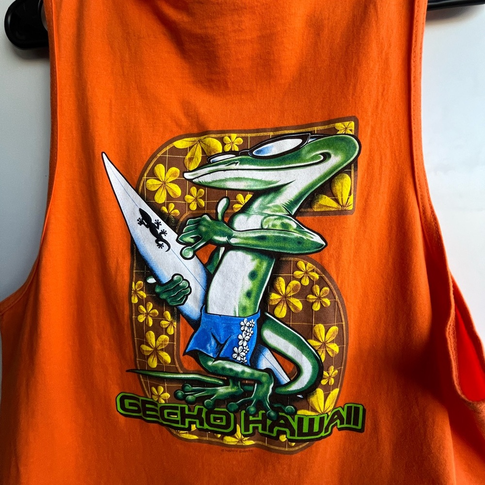 GECKO HAWAII. Large. Orange. Mens Tank Top. Vintage. Front and back graphic.
